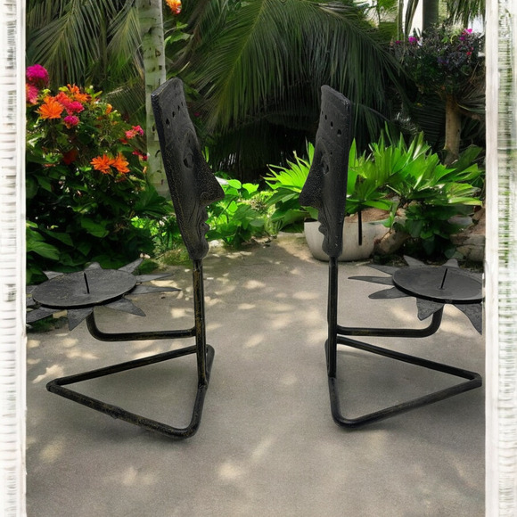 Lot 2 x Vintage 1990’s Pier 1 Metal Candle Holders Table African Tribal Masks - Picture 6 of 9